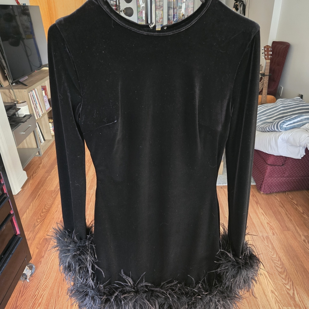 House of CB Black Feather Trim Mini Dress
